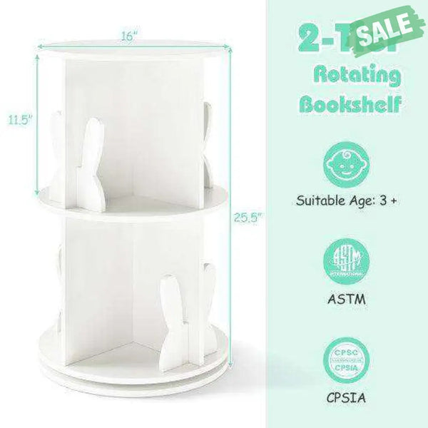 2 Tier Freestanding Kids Rotating Bookshelf Storage Rack with Bunny Baffles-White