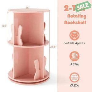 2 Tier Freestanding Kids Rotating Bookshelf Storage Rack with Bunny Baffles-Pink