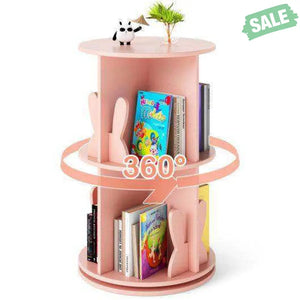 2 Tier Freestanding Kids Rotating Bookshelf Storage Rack with Bunny Baffles-Pink