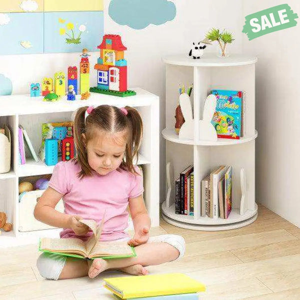 2 Tier Freestanding Kids Rotating Bookshelf Storage Rack with Bunny Baffles-White