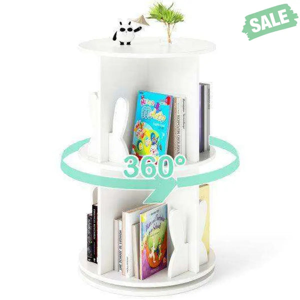 2 Tier Freestanding Kids Rotating Bookshelf Storage Rack with Bunny Baffles-White
