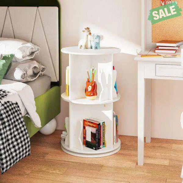 2 Tier Freestanding Kids Rotating Bookshelf Storage Rack with Bunny Baffles-White