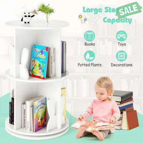 2 Tier Freestanding Kids Rotating Bookshelf Storage Rack with Bunny Baffles-White