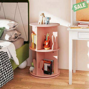 2 Tier Freestanding Kids Rotating Bookshelf Storage Rack with Bunny Baffles-Pink