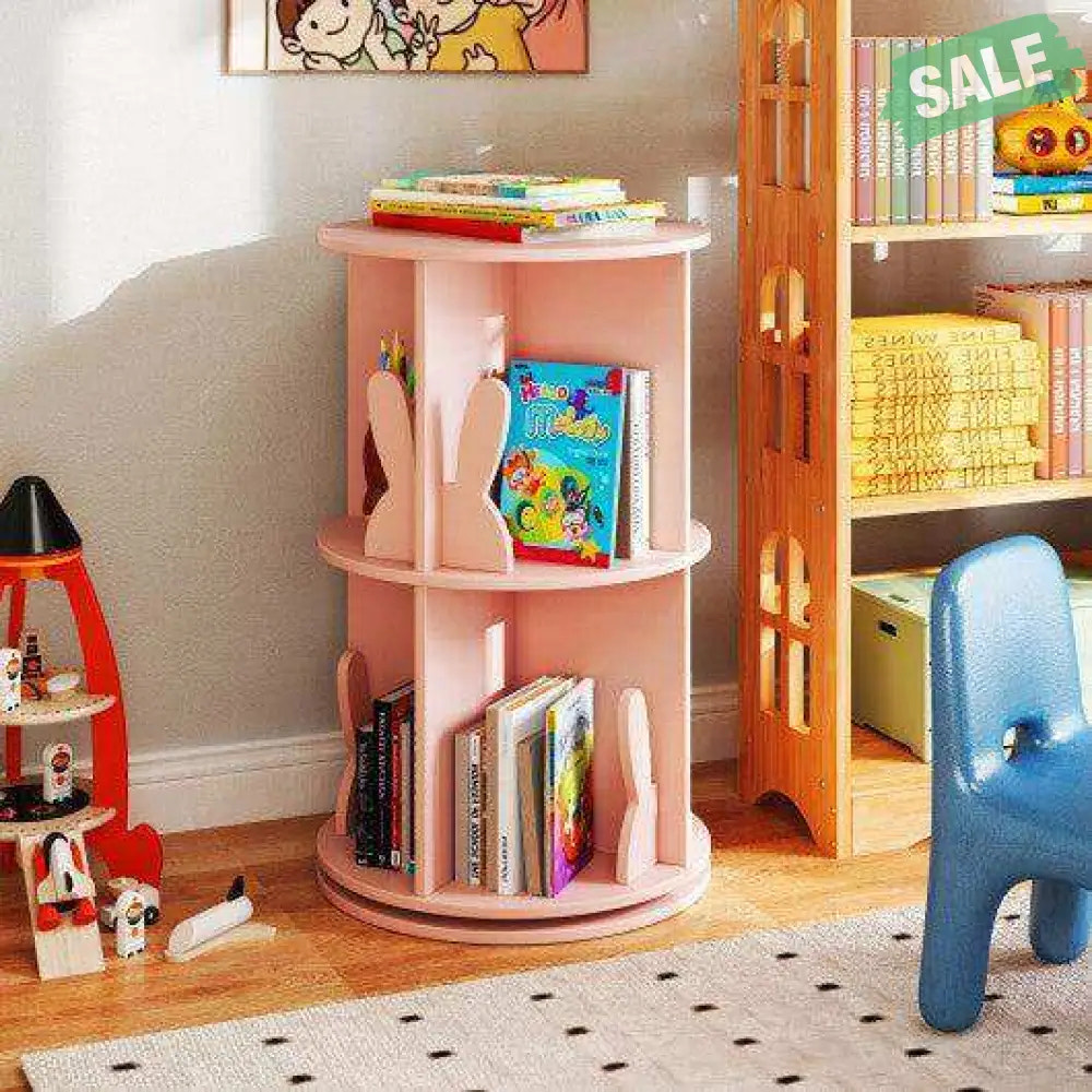 2 Tier Freestanding Kids Rotating Bookshelf Storage Rack with Bunny Baffles-White