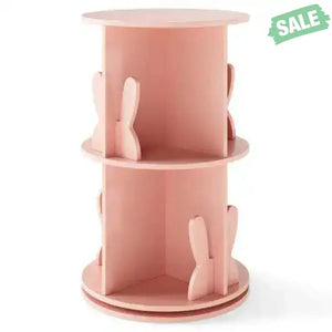 2 Tier Freestanding Kids Rotating Bookshelf Storage Rack with Bunny Baffles-Pink