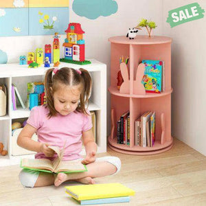 2 Tier Freestanding Kids Rotating Bookshelf Storage Rack with Bunny Baffles-Pink