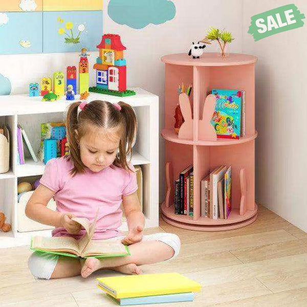 2 Tier Freestanding Kids Rotating Bookshelf Storage Rack with Bunny Baffles-Pink