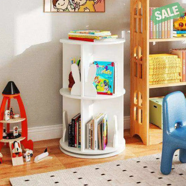 2 Tier Freestanding Kids Rotating Bookshelf Storage Rack with Bunny Baffles-White
