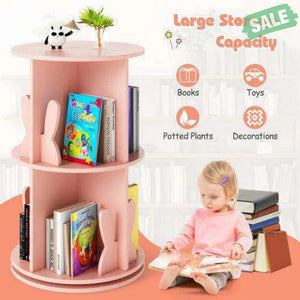 2 Tier Freestanding Kids Rotating Bookshelf Storage Rack with Bunny Baffles-Pink