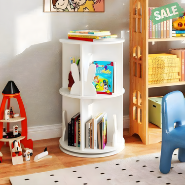 2 Tier Freestanding Kids Rotating Bookshelf Storage Rack with Bunny Baffles in White for stylish organization.
