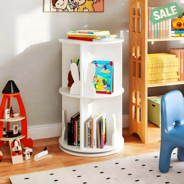 2 Tier Freestanding Kids Rotating Bookshelf Storage Rack with Bunny Baffles in White for stylish organization.