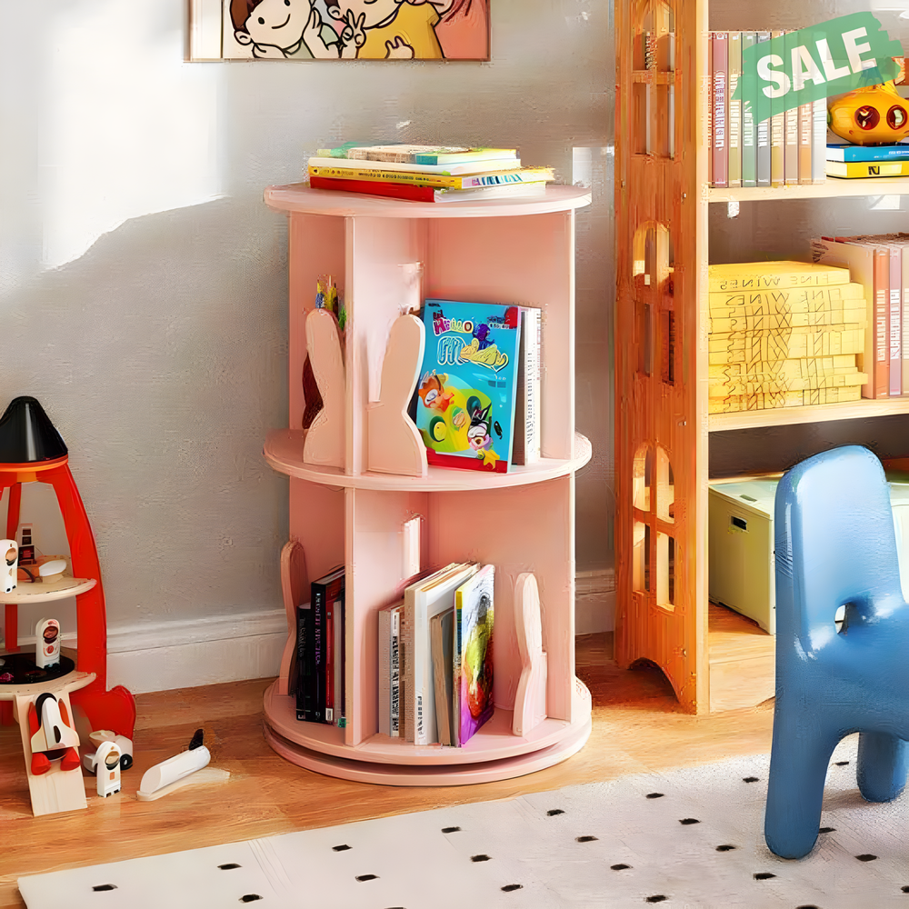 2 Tier Freestanding Kids Rotating Bookshelf Storage Rack with Bunny Baffles in White for stylish organization.