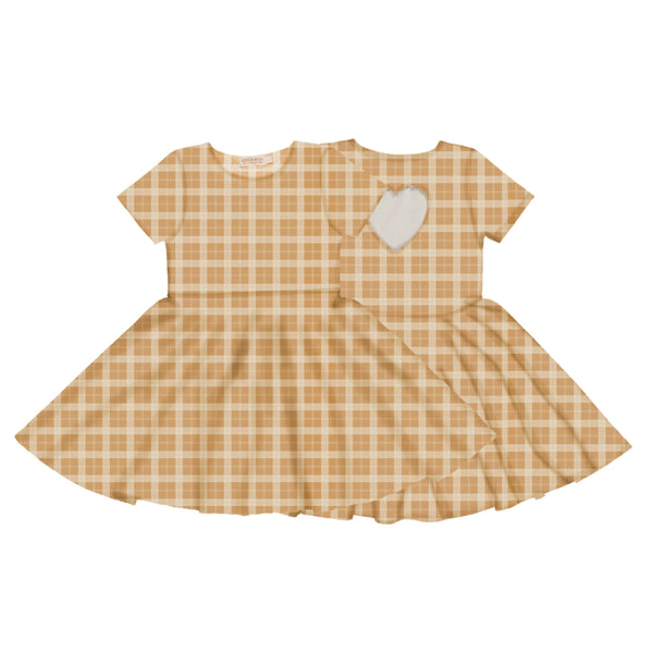 Sweetheart Twirl Dress in Buckwheat Plaid, organic cotton jersey, perfect for baby swimwear. Angle 3 view.