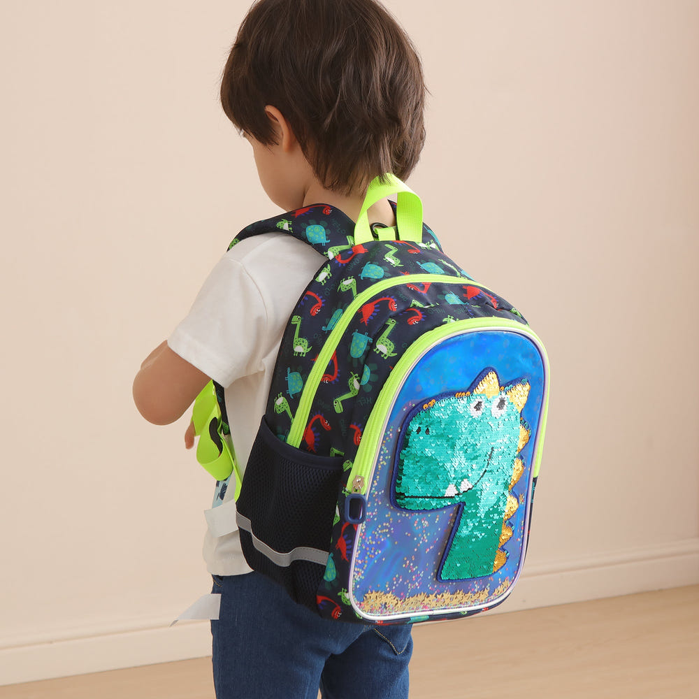 Reversible sequin dinosaur kids backpack, perfect for playful adventures and stylish storage.