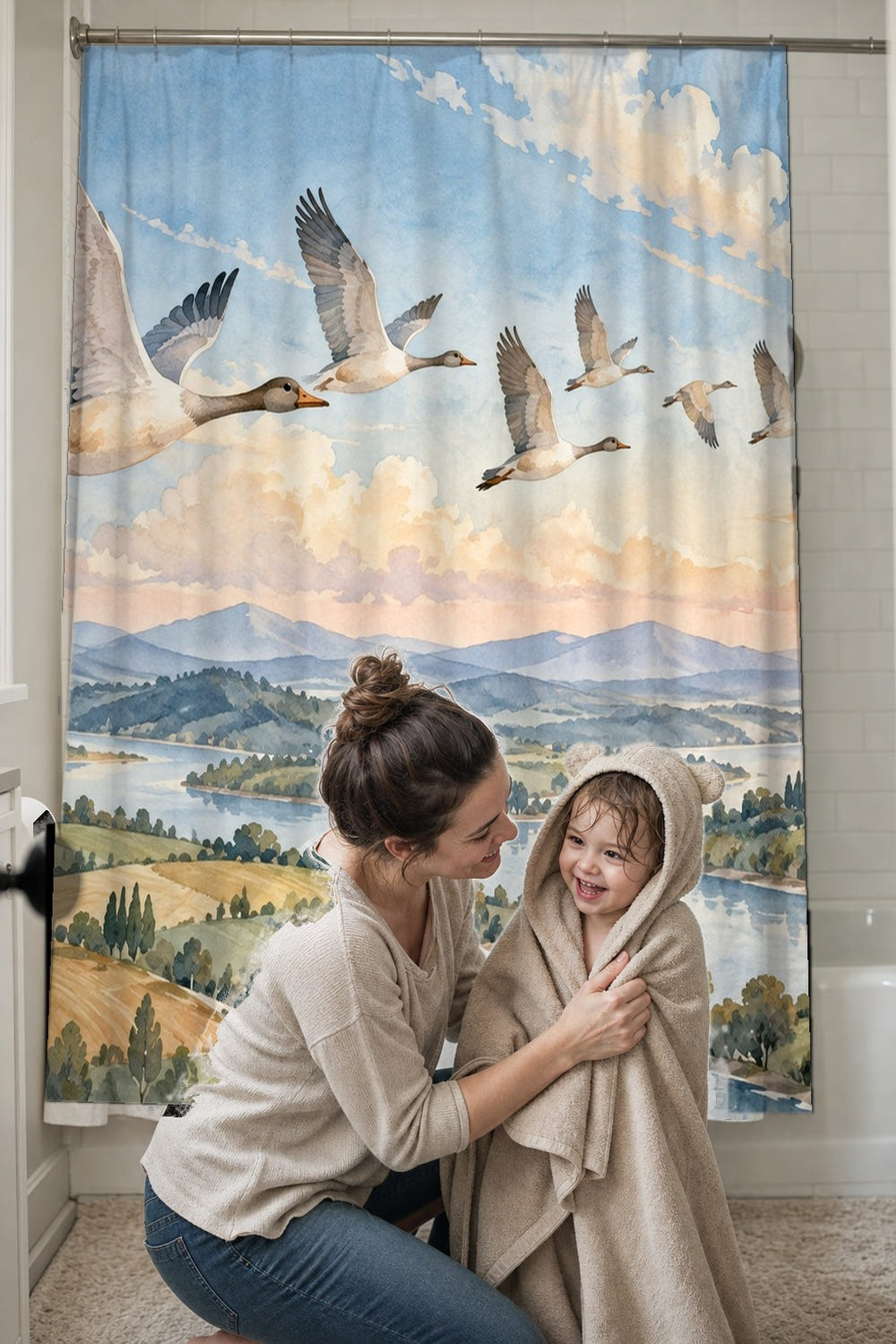 Migratory Birds shower curtain, full front view of the 71 x 74 in fabric curtain