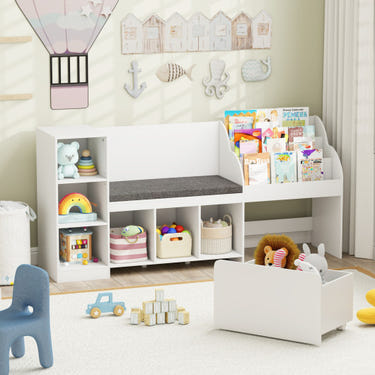 Kids Bookcase with Reading Nook 4-in-1 Toy Organizer in White - Perfect storage solution for children's books and toys.
