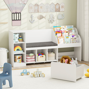 Kids Bookcase with Reading Nook 4-in-1 Toy Organizer in White - Perfect storage solution for children's books and toys.