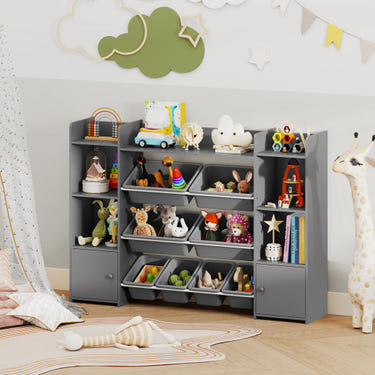 Large gray toy storage organizer with 8 removable bins and bookshelf for kids' room.