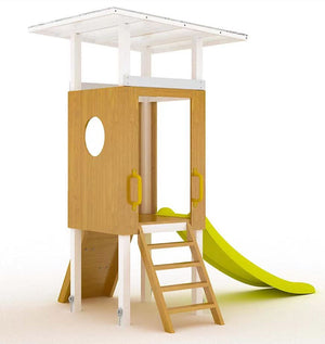 Compact wooden toddler swing set for outdoor play, perfect for babies and kids in a forest setting.