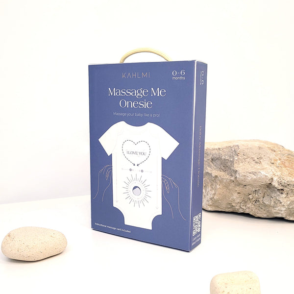 "Massage Me! Onesie for babies 0-6 months, cozy and cute, shown at angle 4."