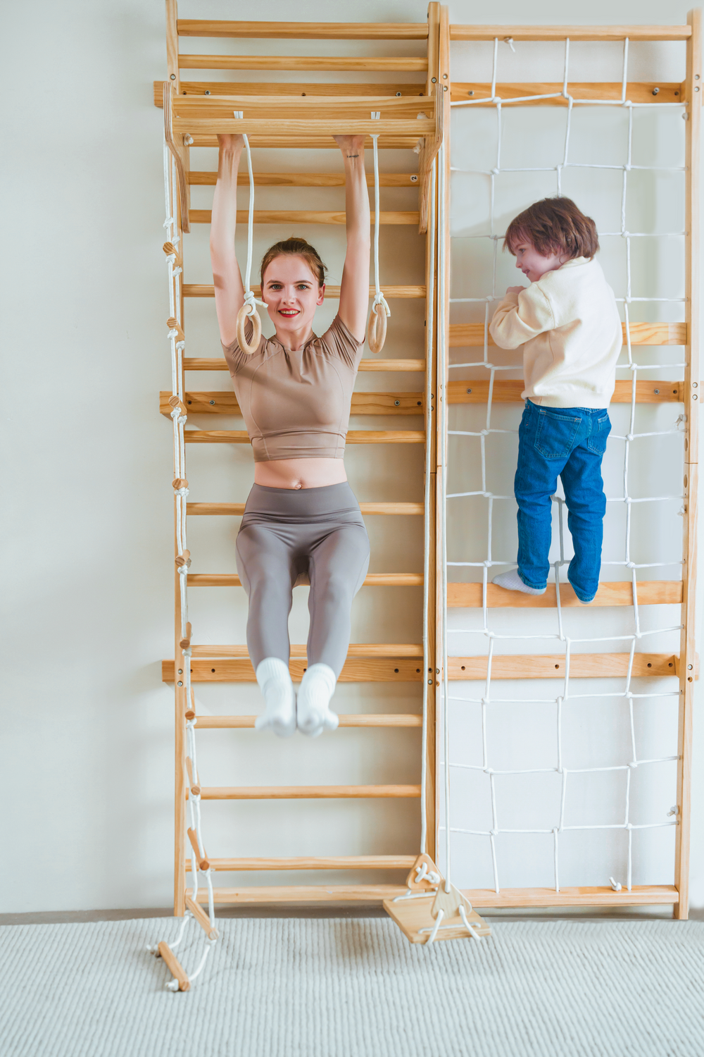 "Neem Swedish Ladder & Rope Wall - 95" height for baby blankets and swaddles, perfect for nursery decor."