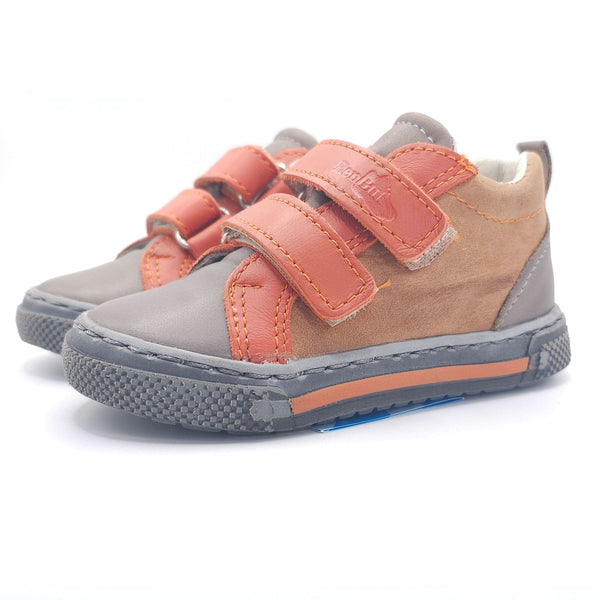 Boys double velcro shoes in orange and brown, angle 2 view, perfect for stylish and comfortable toddler footwear.