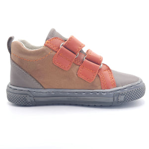 Boys double velcro shoes in orange and brown, angled view showcasing stylish design and comfort.