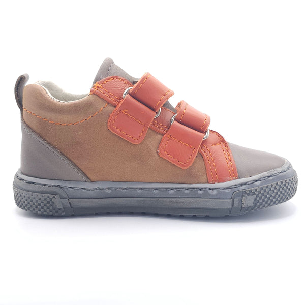 Boys double velcro shoes in orange and brown, angled view showcasing stylish design and comfort.