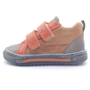 Boys double velcro shoes in orange and brown, angle view 4, perfect for stylish and comfortable toddler footwear.