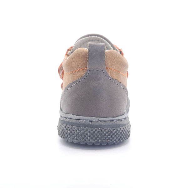 Boys double velcro shoes in orange and brown, stylish and comfortable, angle view 5. Perfect for little feet!