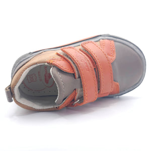 Boys double velcro shoes in orange and brown, angle 6 view, perfect for stylish and comfortable toddler wear.