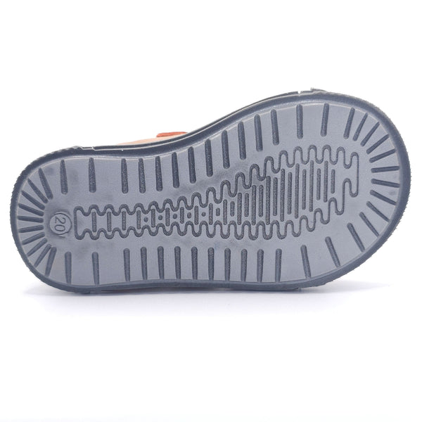Boys double velcro shoes in orange and brown, angle 7 view, perfect for stylish toddlers.