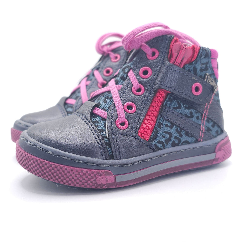 Girls high zip shoe in navy and pink, perfect for stylish and comfortable baby footwear.