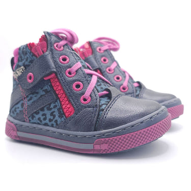 Girls high zip shoe in navy and pink, perfect for stylish and comfortable baby footwear.