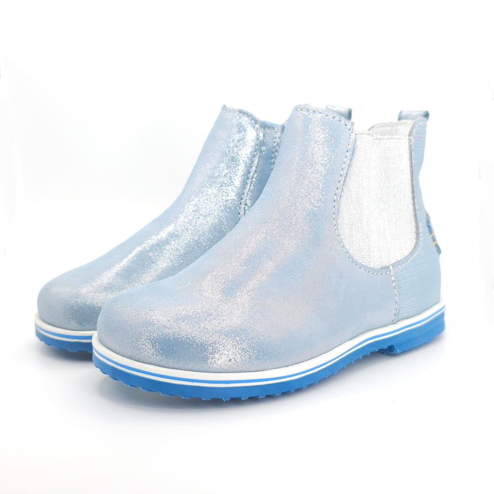 Girls blue pearl Chelsea bootie for toddlers, stylish and comfortable footwear for little ones.