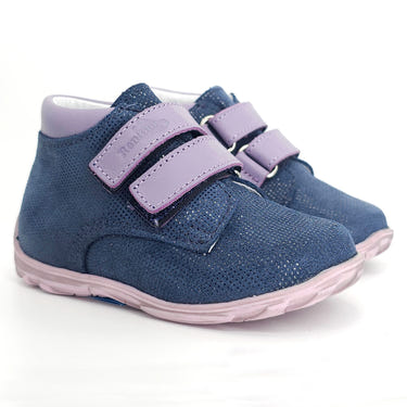 Girls double velcro shoes in navy and purple, perfect for comfort and style. Ideal for toddlers and young girls.