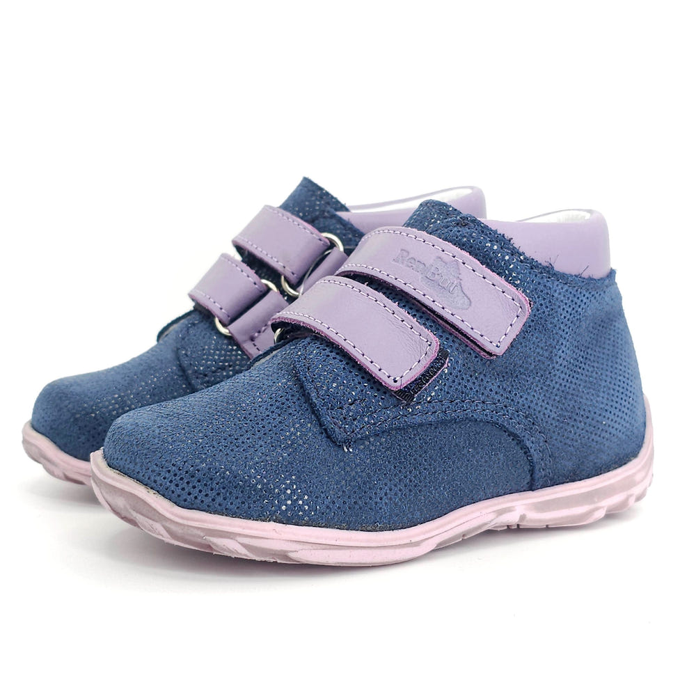 Girls double velcro shoes in navy and purple, perfect for comfort and style. Ideal for toddlers and young girls.