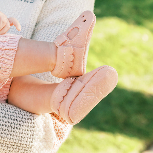 Newborn blush Mary Jane baby shoe, angle 5, perfect for stylish little feet.