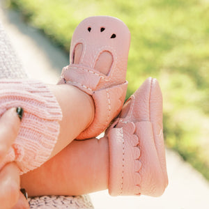 Newborn blush Mary Jane baby shoe, angle view 6, perfect for stylish infant outfits.