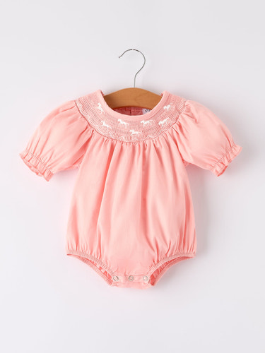 Girls Horse Smocking Embroidered Coral Romper