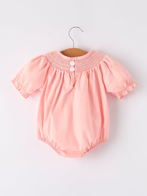 Girls Horse Smocking Embroidered Coral Romper