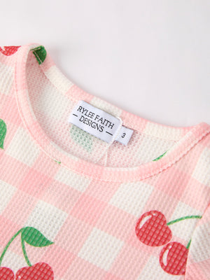 Waffle Cherry Girls Long Sleeve Dress in angle 3 view, featuring a playful cherry print and cozy design.