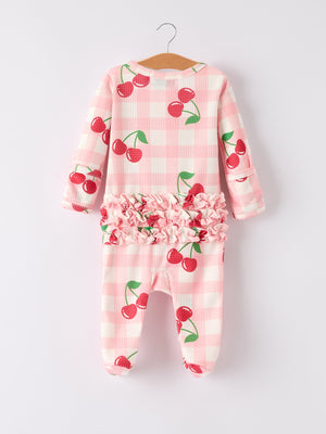 Waffle cherry plaid girls' romper in angle view, perfect for stylish baby outfits.