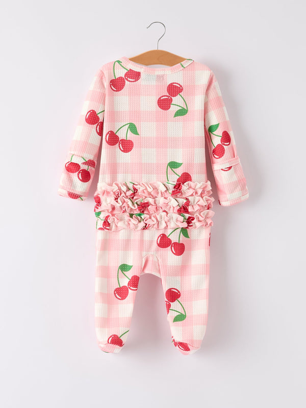 Waffle cherry plaid girls' romper in angle view, perfect for stylish baby outfits.