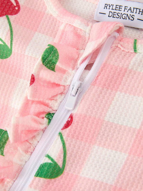Waffle Cherry Plaid Girls' Romper in angle 3, perfect for stylish baby outfits.
