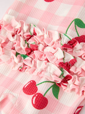 Waffle Cherry Plaid Girls' Romper at angle 5, perfect for stylish baby outfits.