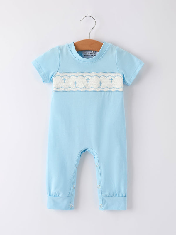 Blue Smocked Church Christ Bishop Christening Baby Boys' Romper