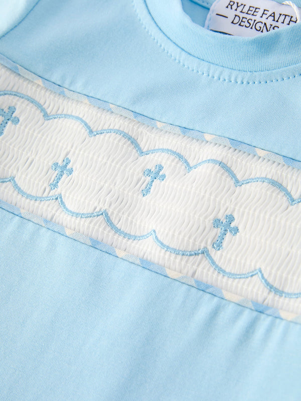 Blue Smocked Church Christ Bishop Christening Baby Boys' Romper