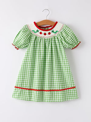 Back To School Girls Green Plaid Smocking Dress